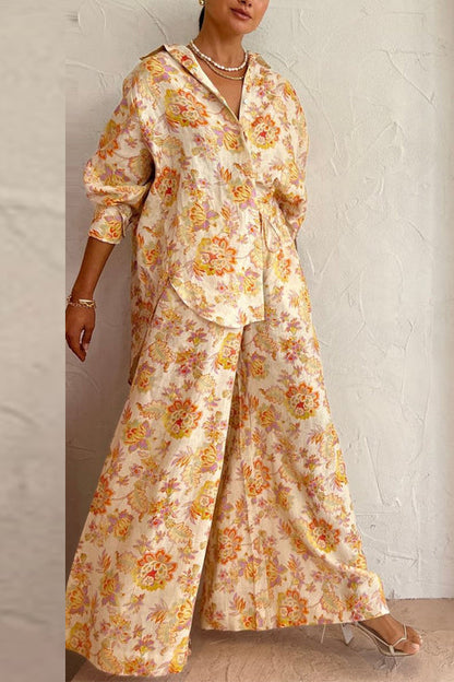 Button Up Long Sleeves Shirt Wide Leg Palazzo Pants Floral Printed Set