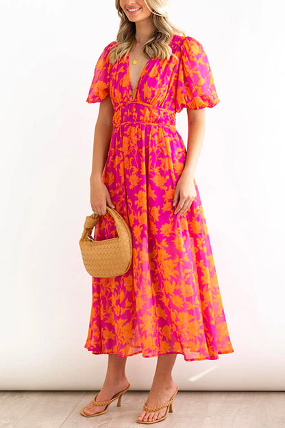 Margovil V Neck Puff Sleeves High Waist Printed Flowy Dress