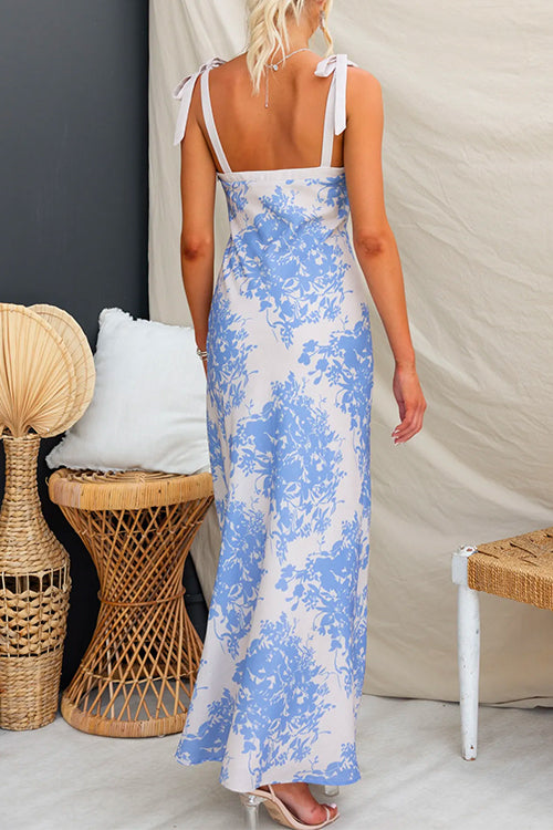 V Neck Adjustable Tie Straps Print Maxi Dress