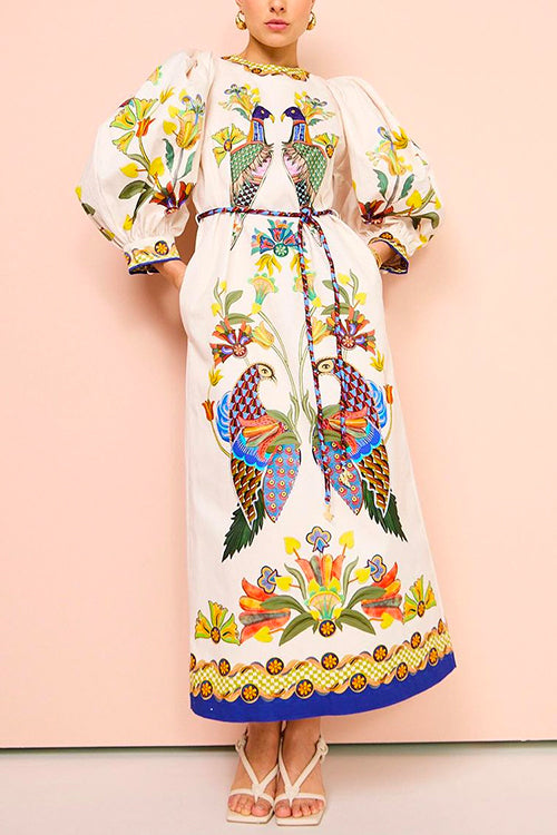 Margovil 3/4 Puff Sleeves Back Slit Birdie Printed Maxi Dress