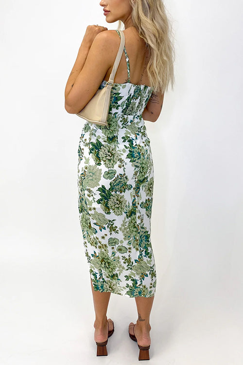 Spaghetti Strap Waisted Slit Midi Printed Dress