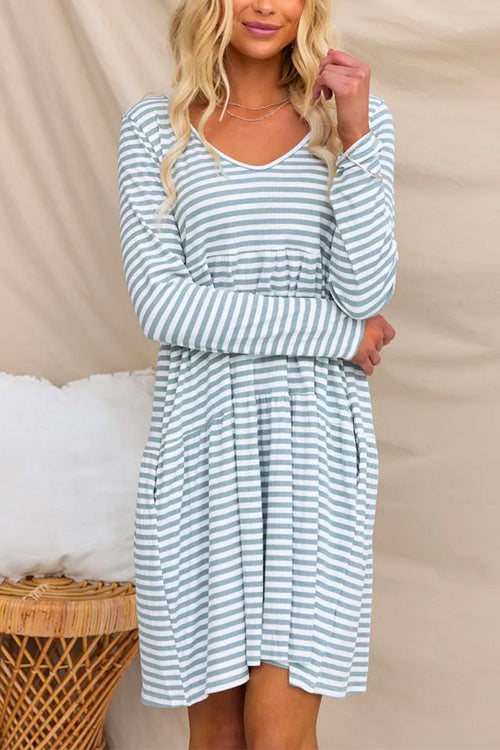 V Neck Long Sleeves Pocketed Striped Swing Dress