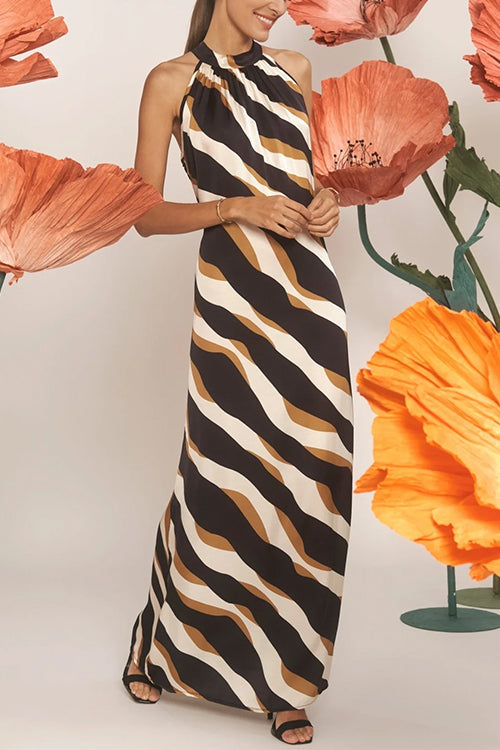 Margovil Tie Neck Sleeveless Color Block Printed Maxi Dress