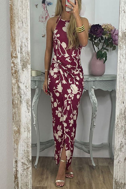 Margovil Halter Twist Front Slit Floral Printed Maxi Dress