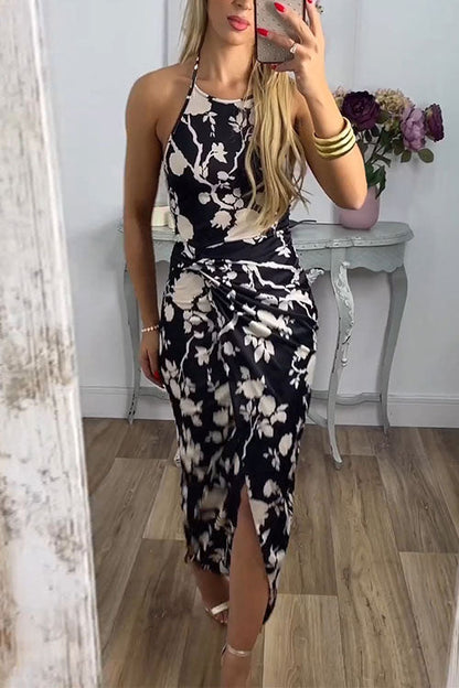 Margovil Halter Twist Front Slit Floral Printed Maxi Dress