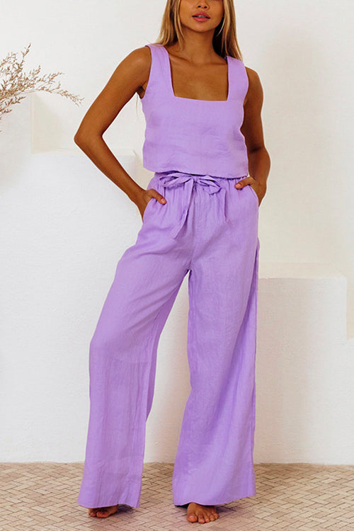 Margovil Square Collar Crop Tank Top Tie Waist Wide Leg Pants Cotton Linen Set