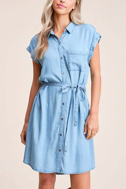 Margovil Short Sleeves Tie Waist Button Down Denim Shirt Dress