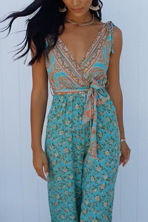 V Neck Sleeveless Tie Waist Wide Leg Floral Print Jumpsuit