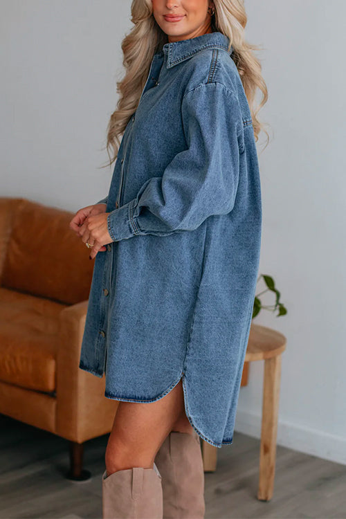 Margovil Curve Hem Button Down Denim Shirt Dress