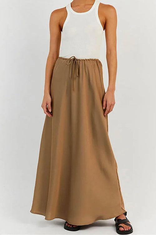 Margovil Drawstring Waist Satin A-line Maxi Skirt