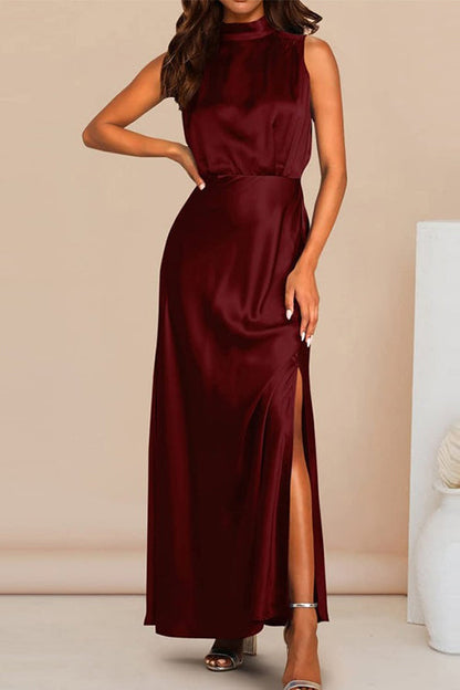 Margovil Sleeveless Mockneck Side Split Maxi Satin Dress