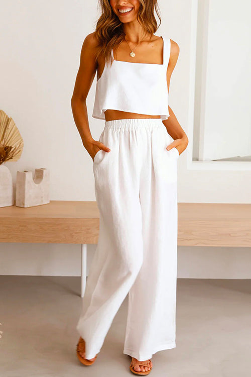 Margovil Square Collar Cami Crop Top Wide Leg Pants Cotton Linen Set