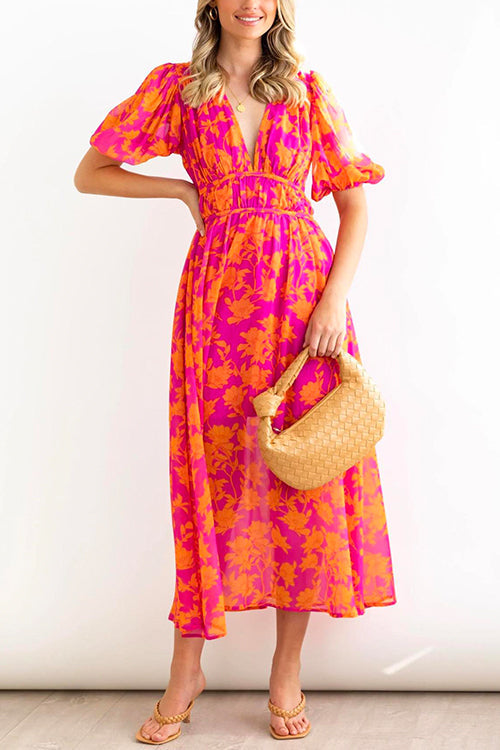 Margovil V Neck Puff Sleeves High Waist Printed Flowy Dress