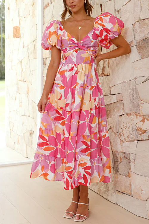 Margovil Twist Knot Cut Out Puffle Sleeves Printed Ruffle Maxi Dress