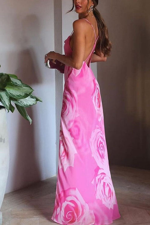 Margovil Spaghetti Strap Open Back High Slit Floral Maxi Dress