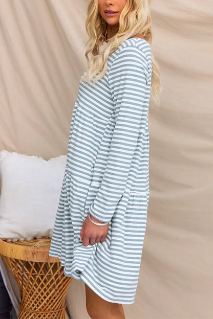 V Neck Long Sleeves Pocketed Striped Swing Dress