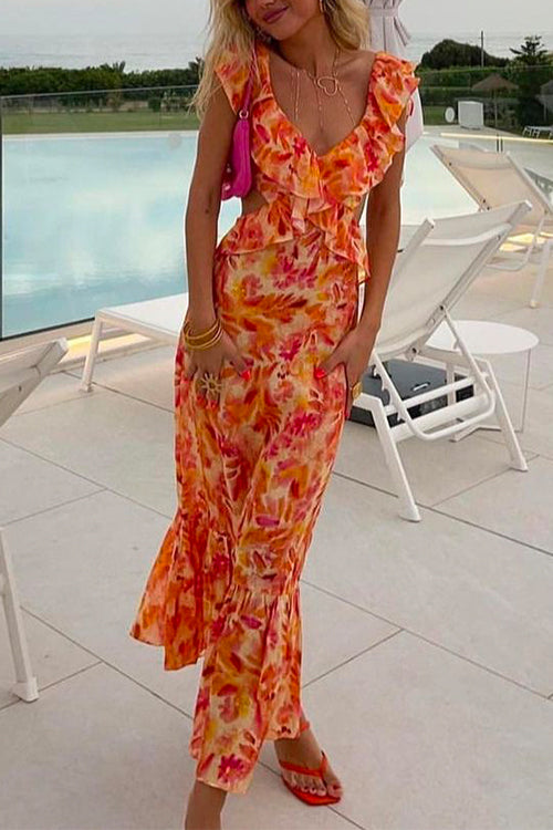 Margovil V Neck Cut Out Tie Back Printed Ruffle Maxi Dress