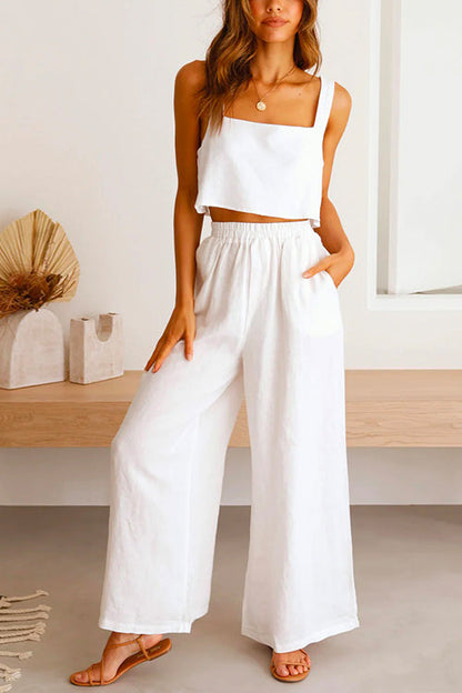 Margovil Square Collar Cami Crop Top Wide Leg Pants Cotton Linen Set