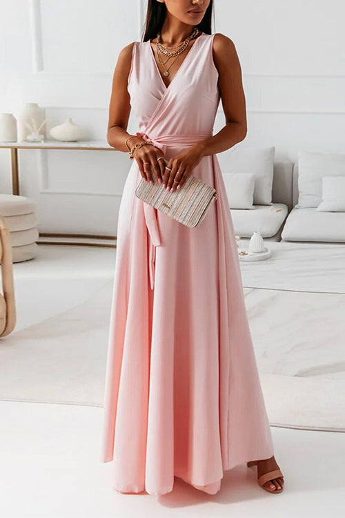 Margovil Wrap V Neck Tie Waist Sleeveless Maxi Swing Dress