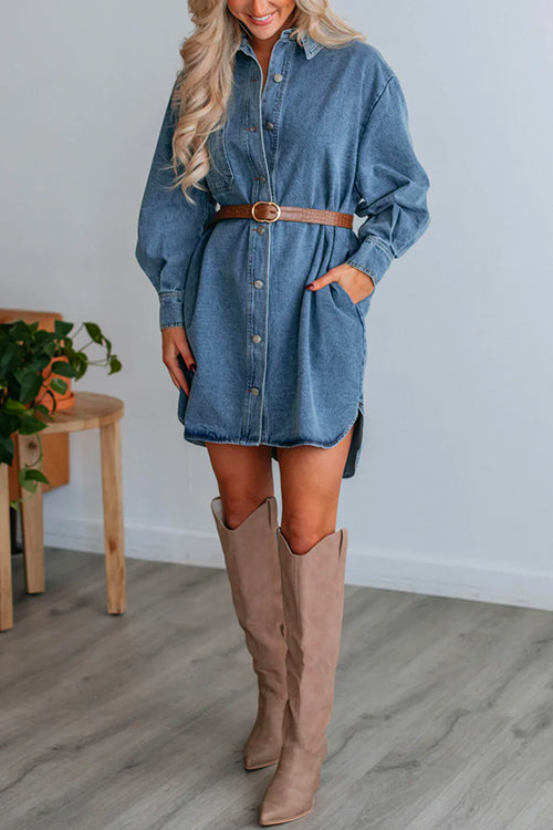 Margovil Curve Hem Button Down Denim Shirt Dress