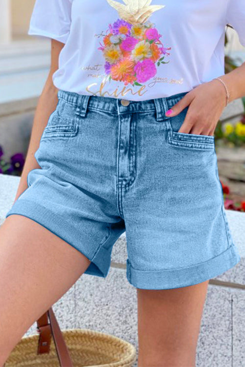 Margovil Rolled Hem Straight Leg Distressed Denim Shorts