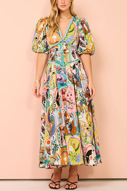 Margovil V Neck Puff Sleeves Cotton Linen Unique Print Maxi Dress