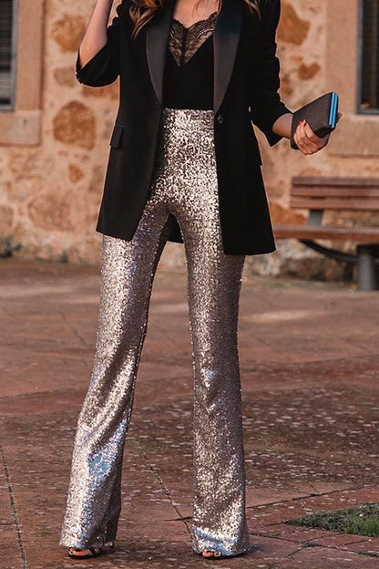 Stretchy High Rise Bell Bottoms Sequin Pants