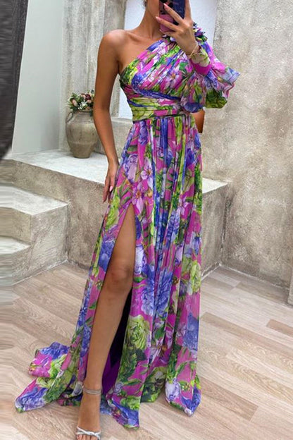 Margovil One Shoulder High Slit Waisted Floral Maxi Party Dress