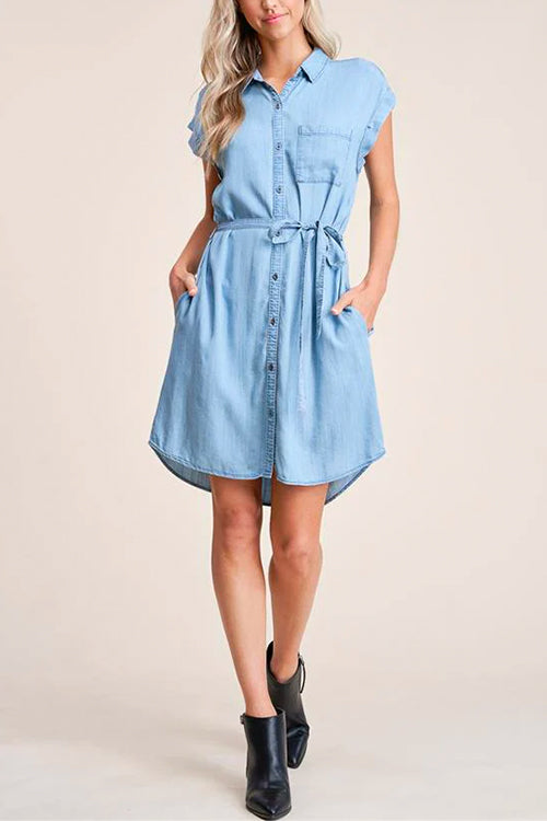 Margovil Short Sleeves Tie Waist Button Down Denim Shirt Dress