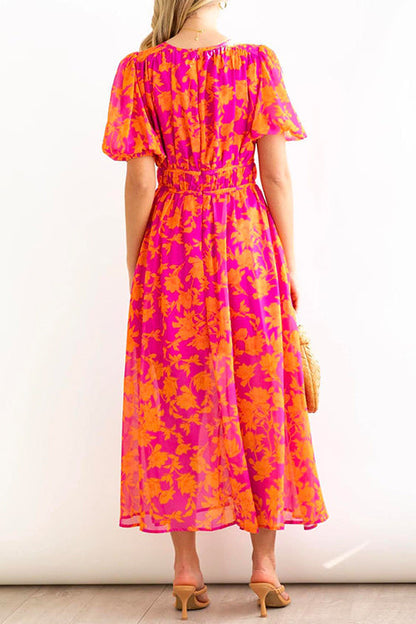 Margovil V Neck Puff Sleeves High Waist Printed Flowy Dress