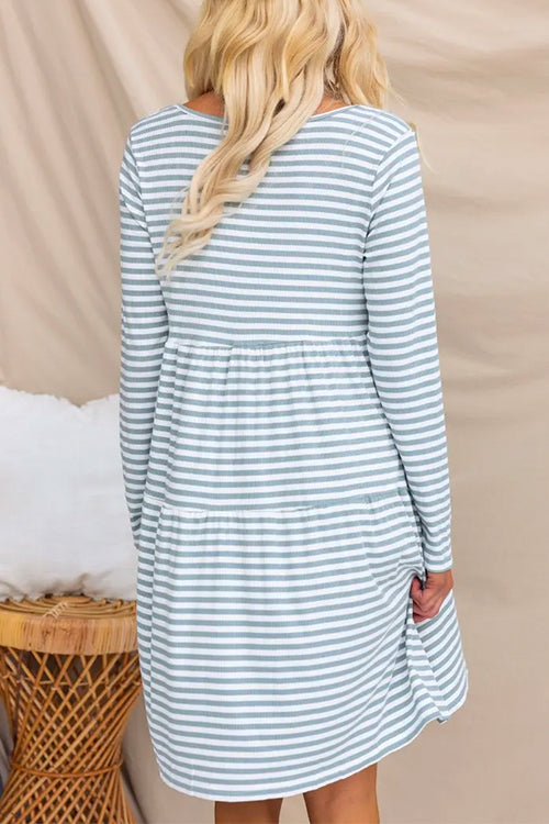 V Neck Long Sleeves Pocketed Striped Swing Dress