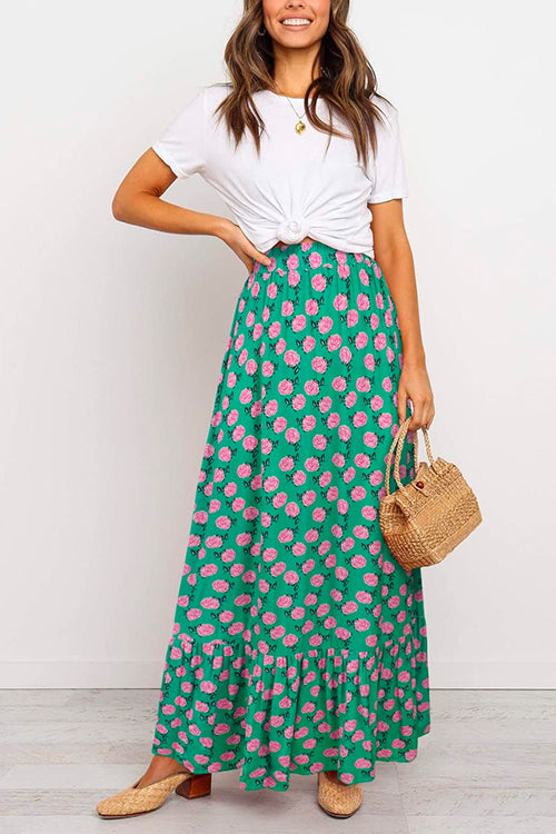 Margovil High Waist Bohemia Printed Maxi Ruffle Beach Skirt