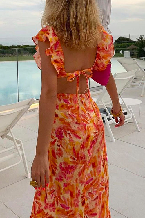 Margovil V Neck Cut Out Tie Back Printed Ruffle Maxi Dress