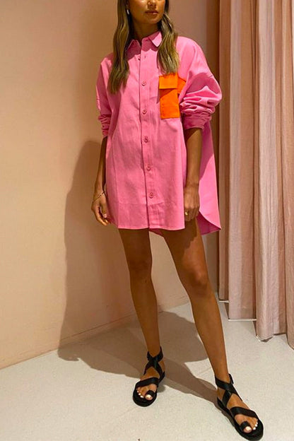 Drop Shoulder Long Sleeves Color Block Pocket Shirt Dress