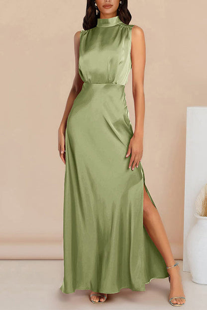 Margovil Sleeveless Mockneck Side Split Maxi Satin Dress