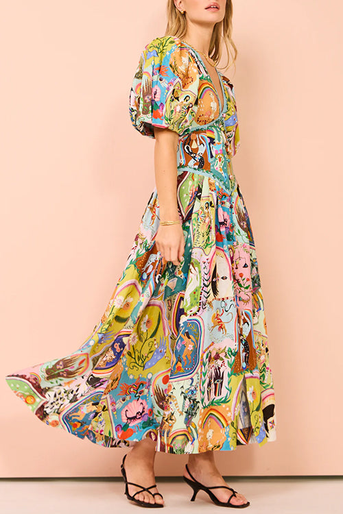 Margovil V Neck Puff Sleeves Cotton Linen Unique Print Maxi Dress