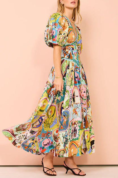 Margovil V Neck Puff Sleeves Cotton Linen Unique Print Maxi Dress