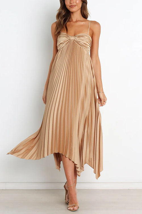 Margovil Spaghetti Strap Irregular Hem Pleated Swing Midi Dress