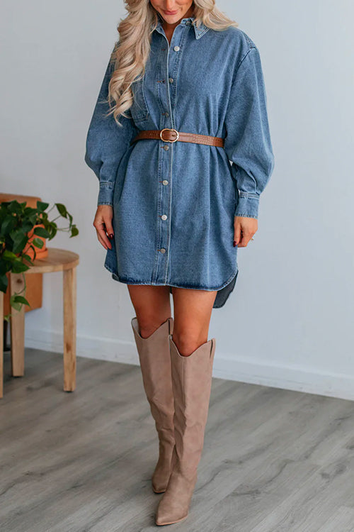 Margovil Curve Hem Button Down Denim Shirt Dress