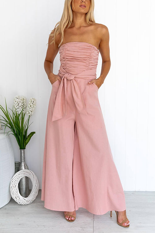 Ruched Strapless Tube Pocketed Wide Leg Jumpsuit