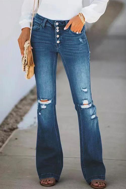 Margovil High Waist Buttons Ripped Bell Bottom Jeans