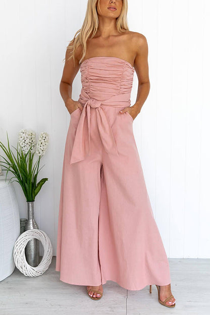 Ruched Strapless Tube Pocketed Wide Leg Jumpsuit