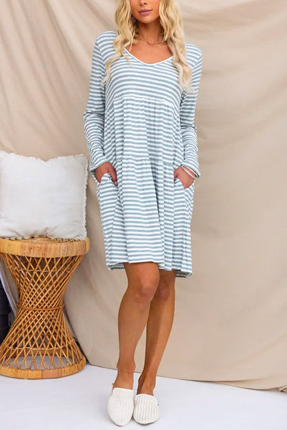 V Neck Long Sleeves Pocketed Striped Swing Dress