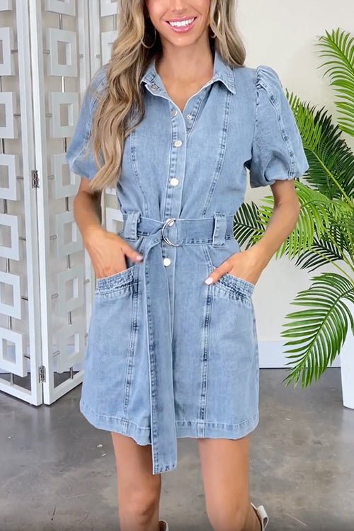 Margovil Lantern Sleeves Belted A-line Denim Shirt Dress