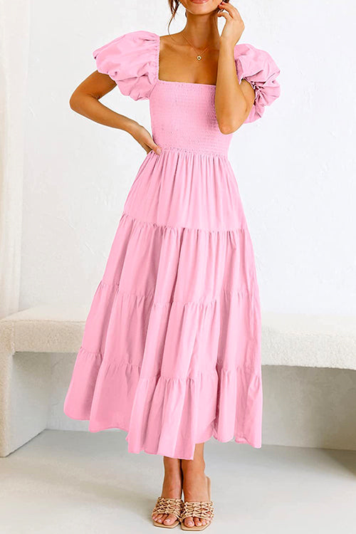 Margovil Square Collar Puff Sleeve Smocked Ruffle Tiered Dress