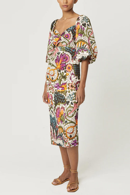 Twist Front Puff Sleeves Cut Out Printed Midi Dress