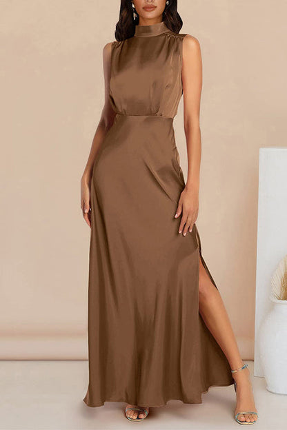 Margovil Sleeveless Mockneck Side Split Maxi Satin Dress