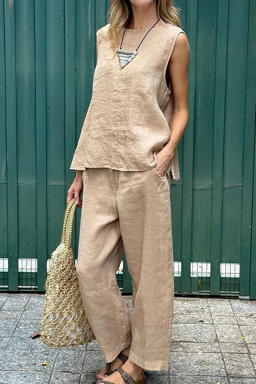 Margovil Casual Sleeveless Pullover Top Wide Leg Pants Cotton Linen Set