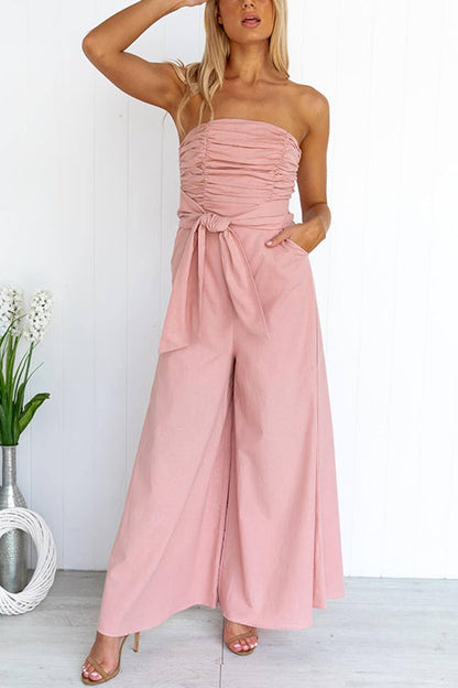 Ruched Strapless Tube Pocketed Wide Leg Jumpsuit