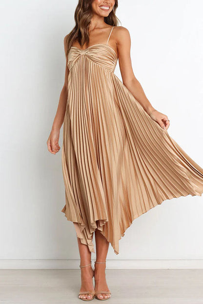 Margovil Spaghetti Strap Irregular Hem Pleated Swing Midi Dress